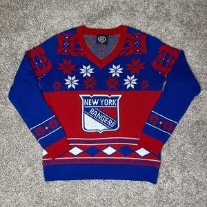 NHL XL New York Rangers Sweater Red Blue Holiday Ugly VNeck Christmas Holiday